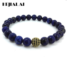 Hot Lapis Lazuli Stone Beads Stretchy Bracelet,Gold Color Brass Micro Pave Cubic Zirconia Charm Bracelet fit Men Women Gift 2024 - buy cheap