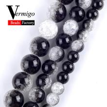 Collar con gemas de cristal agrietadas para fabricación de joyas, pulsera, cuentas espaciadoras sueltas redondas, color blanco y negro, 6mm-12mm, 15" 2024 - compra barato