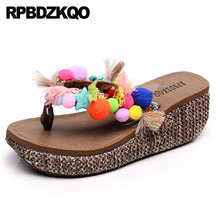 Chinese Flip Flop Platform Slippers Ladies Fashion Shoes 2021 Women Straw Slides 5 Embellished Korean Brown Sandals Pom Wedge 2024 - buy cheap