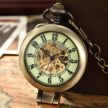 Reloj Mecánico Retro de bronce negro para hombre, lupa de esqueleto luminoso, Número romano, de bolsillo, Steampunk, regalo de cadena FOB 2024 - compra barato