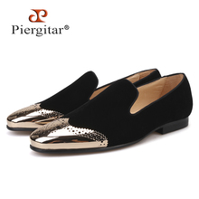 Piergitar 2019 new Black velvet shoes with gold Bullock buckle Fashion party and wedding men loafers Plus size men casual shoes 2024 - buy cheap