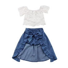 3Pcs Summer Girl Kid Lace Off-shoulder T-shirt Top+Denim Shorts +Ruffles Princess Skirts Party Outfits 2024 - buy cheap