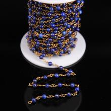 Natural Lapis Lazuli 4mm Smooth Round bead Rosary Chain,Blue Stone Gems beads Link Brass Wire Wrapped Chain Necklace Bracelets 2024 - buy cheap