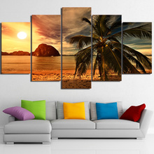 Pinturas en lienzo de alta definición, carteles de 5 piezas, palmeras tropicales de playa, puesta de sol, cuadros de paisaje marino, Marco, decoración del hogar para sala de estar 2024 - compra barato