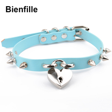 Hand Crafted  Genuine Leather Choker Harajuku Spikes Collar Kawaii  Spiked Necklace With PadLock Heart Collars 2024 - buy cheap