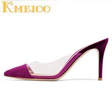 Kmeioo-Sandalias de Punta transparente para mujer, zapatos de tacón bajo, mulas se deslizan, stilettos, Sexy, talla 4-16, EE. UU. 2024 - compra barato