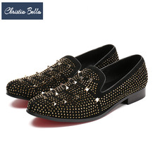 Christia Bella Gold Rivet Rhinestones Men Loafers Fashion Party Club Suede Leather Dress Shoes Men Smoking Slippers Male Flats 2024 - buy cheap