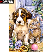 Алмазная 5D картина HOMFUN «Кот и собака», вышивка крестиком, полная выкладка, квадратная/круглая, домашний декор, подарок, A07177 2024 - купить недорого