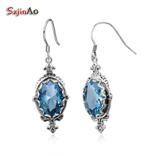 Szjinao Solid 925 Sterling Silver Earings from India Vintage Fashion Jewelry for Women Aquamarine Dangle Drop Earrings 2024 - buy cheap