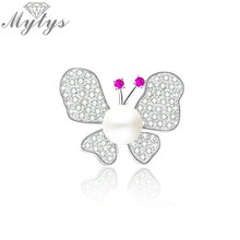 Mytys Cute Pearl and Rhinestones Small Butterfly Brooch Pins Silver Color Lady Fashion Accessory for Clothing X337 2024 - buy cheap