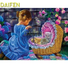 Diy 3d pintura diamante redondo completo mosaico de diamante quadrado cheio diamante bordado ponto cruz bebê menina com gatos em baskat 2024 - compre barato