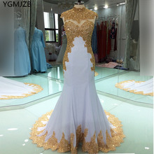 Vestido de noche musulmán blanco elegante para mujer, vestidos largos de sirena con bordado dorado y cuentas de cristal para fiesta Formal y graduación, 2021 2024 - compra barato