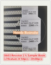 0603 SMD флэш-книга 1% Допуск 170valuesx50 шт = комплект резисторов 8500 шт 0R ~ 10M 0R-10M 0R 1R-10M 2024 - купить недорого