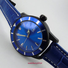 Bliger-reloj mecánico automático para hombre, esfera azul estéril, sin logotipo, PVD, manecillas luminosas, correa de cuero, marca superior de lujo con fecha, 46mm 2024 - compra barato