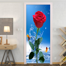 Наклейка на дверь с цветами, водостойкая, современная, для гостиной, обои для двери спальни, самоклеящиеся художественные настенные наклейки, красная роза, 3D Наклейка на стену 2024 - купить недорого
