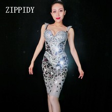 New Super Sparkly Sequins Mirrors Dress Women Birthday Rhinestones Costume Prom Celebrate Grey Bling Dresses Evening Outfit 2024 - buy cheap