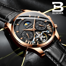 BINGER Skeleton Tourbillon Mechanical Watch Men Automatic Classic Rose Gold Leather Mechanical Wrist Watches Reloj Hombre 2019 2024 - buy cheap