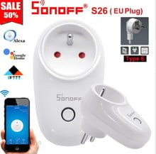 Sonoff soquete inteligente s26 eua/reino unido/cn/au/eu com wifi, interruptor de tomada com temporizador, 220v, controle remoto sem fio, alexa e google home 2024 - compre barato