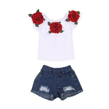 Conjunto de ropa de verano para niñas pequeñas, Tops florales, pantalones cortos de tela vaquera, 2 uds. 2024 - compra barato