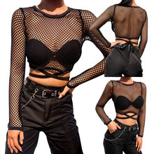 BKLD Sexy Long Sleeve O-neck Bandage T Shirt Women 2019 Summer Transparent Black Lace Up Tee Shirts See Through Ladies Crop Tops 2024 - buy cheap