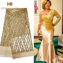 African Gold Sequined Embroidered Mesh Tulle Lace Fabric Grid Geometry Sequins Design Nigerian Women Wedding Party Dress Laces 2024 - buy cheap