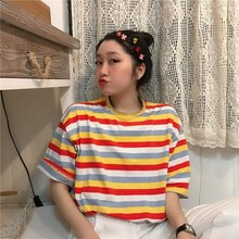 Camiseta a rayas de arco iris para mujer, Tops holgados de manga corta, camiseta Punk coreana, camiseta femenina Harajuku 2019 2024 - compra barato