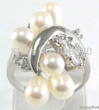 Hot sell Genuine White 6 Pearl White Crystal Flower Ring Size: 7.8.9 >Bridal jewelry free shipping 2024 - buy cheap