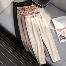 Korean Winter Wool Pants women New High Slim Waist Belted Harem Elegant Trousers Female Autumn Warm Women's Long Pants F201 2024 - buy cheap