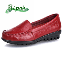 Peipah sapatilhas femininas de couro bovino, sapatos casuais baixos de enfiar, bico redondo, mocassins femininos, vermelho e preto 2024 - compre barato