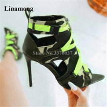 Newest Women Brand Design Patchwork Stiletto Heel Straps Buckles Cross Sandals Cut-out Neon Yellow Snake High Heels Dress Shoes 2024 - buy cheap