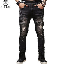 Джинсы мужские рваные в байкерском стиле, хлопковые брюки Slim Fit, винтажные потертые джинсы на молнии, черные 2024 - купить недорого