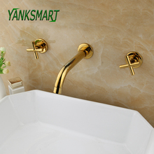 Yanksmart 3 pçs de ouro polido bacia banheiro torneira da pia fixado na parede dupla alça torneiras misturador água fria e quente 2024 - compre barato