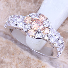 Женское серебряное кольцо цвета шампанского Morganite, белое CZ, Размер 6/7/8/9 R1491 2024 - купить недорого