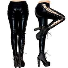 Women Sexy Stretch Lingerie Black Latex PVC Faux Leather Lace Up Leggings Wet Look Club wear high waist pencil Gothic Long Pants 2024 - buy cheap