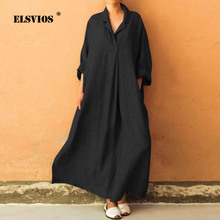 ELSVIOS plus size Elegant Loose shirt long dress women Soft Cotton Linen long sleeve dress 2019 summer Casual Solid Pocket Dress 2024 - buy cheap