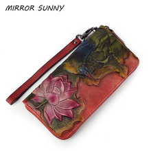 Genuine Leather Women Long Wallet Floral Clutch Handy Zipper Purse Vintage Flower First Layer Cow Leather Card Wristband Wallet 2024 - buy cheap