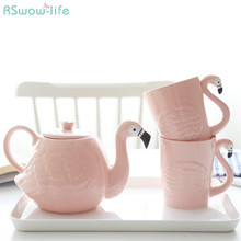 Conjunto de bule de flaminho rosa com desenhos animados, criativo, dois copos e um pote de chaleira de chá de cerâmica, presentes criativos 2024 - compre barato