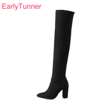 Brand New Winter Glamour Black Yellow Women Thigh High Boots Sexy Lady Slip on Shoes ET722 Square Heel Plus Big Size 10 32 43 46 2024 - buy cheap