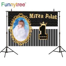 Funnytree-Fondo de fotografía a rayas, marco de fotos dorado, fondos de cumpleaños hechos a medida, papel tapiz para sesión fotográfica 2024 - compra barato