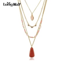 LongWay Bohemia Multilayer Gold Color Chain Necklaces Natural Stone Pink Crystal Beads Statement Necklace Women SNE160102 2024 - buy cheap