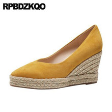 Platform Wedge Shoes 2021 Women Celebrity Pointed Toe High Heels Yellow Genuine Leather Suede 8cm Espadrilles Pumps Size 4 34 2024 - buy cheap