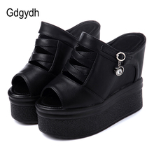 Gdgydh Sexy Crystal Women's Sandals Peep Toe Platform Wedge Casual Shoes Female Solid Classics Black Leather Summer Shoes Street 2024 - buy cheap