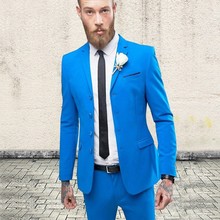 Groomsmen Blue Groom Tuxedos Three Button Men Suits Notch Lapel Best Man 2 pieces Wedding Suit ( Jacket+Pants+Tie ) C570 2024 - buy cheap