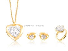 Ladies New High Quality Drill Crystals Heart Love Design Stainless Steel Pendant Necklace & Earring & Ring Set Gold 2024 - buy cheap