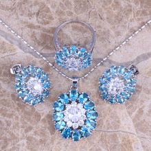 Precioso cielo azul Zirconia cúbica blanca CZ plateado conjuntos de joyería pendientes anillo colgante tamaño 6 / 7 / 8 / 9 / 10 S0426 2024 - compra barato