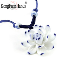 Handmake pretty Lotus long necklace blue whiteCeramic pendant classic vintage sweater chain jewelry birthday gift free shipping 2024 - buy cheap