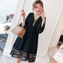 Spring seven-point sleeves large size women's dress 2019 new V-neck loose ruffled openwork lace stitching dress female m74 2024 - buy cheap