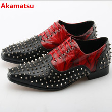 Akamatsu sapatos masculinos em couro estilo vintage, calçados oxford com rebites vermelhos e pretos para homens, sapatos para homens 2018 2024 - compre barato