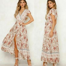 2019 Women Spring Summer Boho V-Neck Short Sleeve Floral Long Slit Dress Party Casual Beach Sundress Woman Fashion Maxi Dresses 2024 - buy cheap