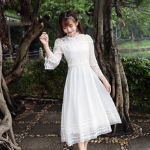 Summer Women's Vintage Sweet Tens Girls Lace Dress Hollow Out Flare Sleeve White Fairy Mid-length Cute Kawaii Dress 2024 - buy cheap